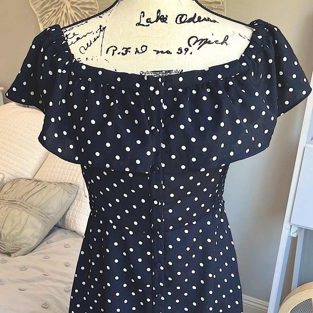 Lulu’s Polka Dot Off The Shoulder Dress - Navy